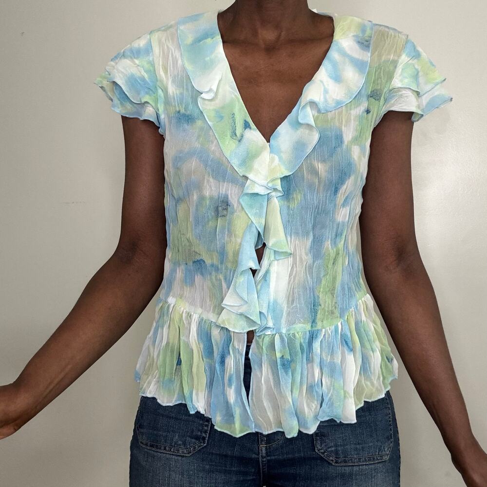 VINTAGE | Y2K Pastel Plisse Pleated Ruffle Cap Sleeve Blouse Top Size Medium